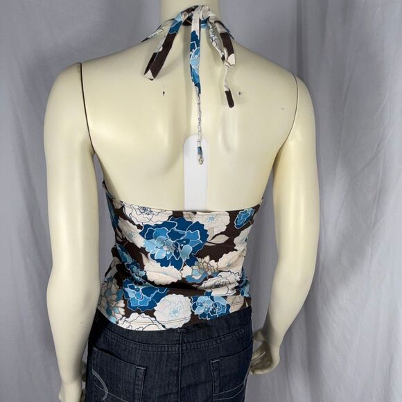SO Y2K Brown Blue Floral Halter Top Women’s Size Large Retro 2000s Stretch Knit - Picture 6 of 12